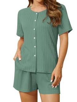 Missufe Sommer Top und Shorts Schlafanzug Damen 2 Teiler Pyjama Set Kurze Hose Nachtwäsche Zweiteiliger Lockeres Hausanzug (grün, groß) von Missufe