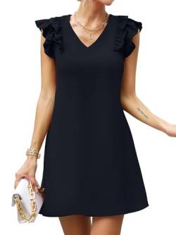 Missufe Sommerkleid A Linien Elegant Minikleid Damen Kurzes V Ausschnitt Rüschenkleid (schwarz, mittel) von Missufe