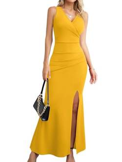 Missufe Sommerkleid Lang Wickelkleid Bodycon Abendkleid Damen Cocktailkleid Maxikleid Partykleid Elegant Festliche Hochzeit Kleider (Gelb, Groß) von Missufe