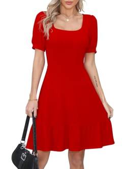 Missufe Sommerkleid Rüschenkleid A Linien Skaterkleid Damen Puffärmel Kurzarm Swing Freizeitkleider (Rot, X-Large) von Missufe