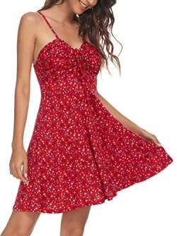 Missufe Sommerkleid Swing Blumenkleid Cami Freizeitkleider Damen Spaghettiträger Kleider (Rot, Groß) von Missufe