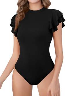Missufe Stehkragen Elegant Rüschen Kurzarm Bodysuit Damen Body Oberteile Stricktop (schwarz, klein) von Missufe