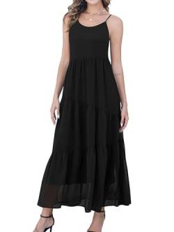 Missufe Strandkleid Sommer Maxikleid Chiffon Trägerkleid Damen Freizeitkleid Ärmellos Spaghettiträgern Gestufte Langes Kleider (schwarz, groß) von Missufe