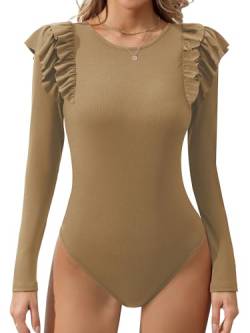 Missufe Stricktop Elegant Rüschen Langarm Body Damen Rundhals Oberteil (Khaki, Medium) von Missufe