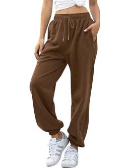 Missufe Trainingshose Lang Sweatpants Jogginghose Freizeithose Damen Cinch Bottom mit Taschen Hohe Taille Sporthose (Braun, X-groß) von Missufe