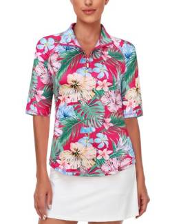 Misyula Damen-Golfshirt, schnelltrocknend, halbe Ärmel, Viertelreißverschluss, Poloshirt, Workout-Top, Tennis-Shirt, M-XXL, Pink-Floral, Mittel von Misyula Style