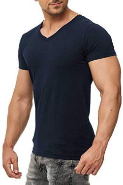 Herren T-Shirt V Ausschnitt aus feiner Baumwolle, Kurzarm, einfarbig, Größe:4XL, Farbe:Dunkelblau von Mivaro