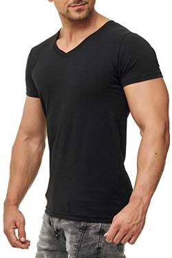 Herren T-Shirt V Ausschnitt aus feiner Baumwolle, Kurzarm, einfarbig, Größe:L, Farbe:Schwarz von Mivaro