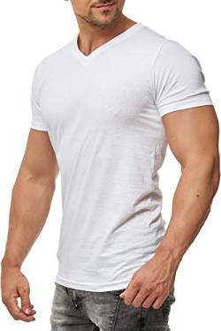 Herren T-Shirt V Ausschnitt aus feiner Baumwolle, Kurzarm, einfarbig, Größe:S, Farbe:Weiß von Mivaro