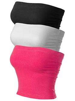 MixMatchy Damen Basic Casual Geraffte Seite Stretchy Tube Tops, 3er-Pack – Schwarz/Weiß/Hot Pink (geraffte Seite), X-Klein von MixMatchy