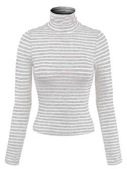 MixMatchy Damen Tight Fit Leichte Solid/Streifen Lange Ärmel Rollkragen Crop Top, Meliert, Grau, Klein von MixMatchy