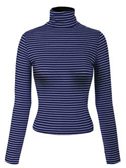 MixMatchy Damen Top mit Rollkragen, enganliegend, leicht, einfarbig, gestreift, lange Ärmel, Marineblau mit kleinen Streifen, Groß von MixMatchy