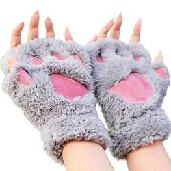 Mizily Damen Halbfinger Handschuhe,Teddyfutter Handschuhe,Halbfinger-Katzenpfoten-Plüschhandschuhe(Grau) von Mizily