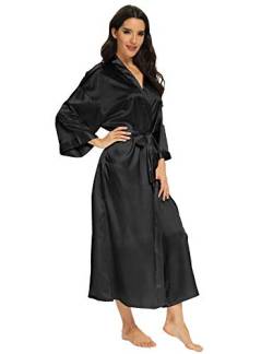 MizzGenio Damen-Bademantel aus Seide, leicht, lang, Satin, volle Länge, Nachtwäsche, Pure Black, Large-X-Large von MizzGenio