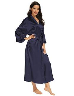 MizzGenio Damen-Bademantel aus Seide, leicht, lang, Satin, volle Länge, Nachtwäsche, Pure Navy, Large-X-Large von MizzGenio