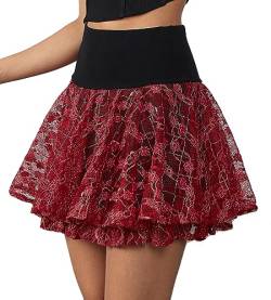 Damen Spitze hohe Taille gestufter Minirock Plissee Puffy Bauchweg Rock mit Shorts darunter, Rot/Ausflug, einfarbig (Getaway Solids), Groß von Mliyasan