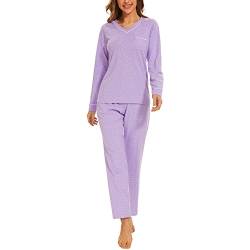 Mnamo Damen Schlafanzug Weich Gestricktes Pyjama Set V-Ausschnitt Tupfenmuster Lila 2 Stück Slim Fit Gemütliche Nachtwäsche 100% Baumwolle Weiße Einsätze Atmungsaktives Gewebe von Mnamo