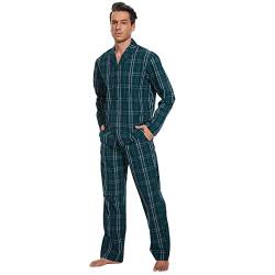 Mnamo Herren Pyjama Set 100% Baumwolle Herren Schlafanzug kariert Lang Pyjama mit Tasche (Grün Plaid, S) von Mnamo