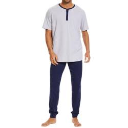 Mnamo Herrren Kurzarm Schlafanzug Pyjama Set Henley-Ausschnitt 100% Baumwolle Grau und Marineblau Sommer Bequemer 2 Stück Weiche Nachtwäsche Loungewear von Mnamo