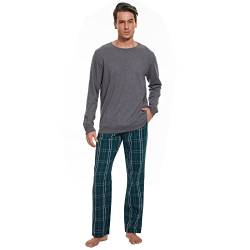 Mnamo Schlafanzug Herren Lang 100% Baumwolle Bequemer Pyjama Herren Baumwolle mit Karomuster (Grau & Grün, XXL) von Mnamo