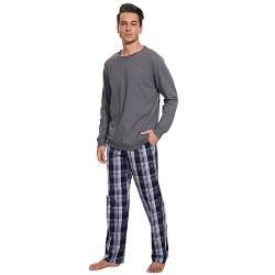 Mnamo Schlafanzug Herren Lang 100% Baumwolle Bequemer Pyjama Herren Baumwolle mit Karomuster (Grau & Schwarzblau, S) von Mnamo