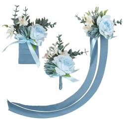3-teiliges Taschen-Boutonniere-Handgelenk-Anstecknadeln, Taschen-Anstecknadeln für Herren, Set für Hochzeit, Blumen-Accessoires, Abschlussball-Anzüge (Blue) von Mnaocz