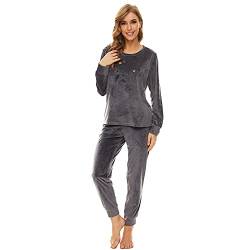 LMnemo Fleece Schlafanzug DamenThermo Fleece Pyjama Damen Rundhals Pyjama Damen Flauschig,Dunkelgrau,L von Mnemo