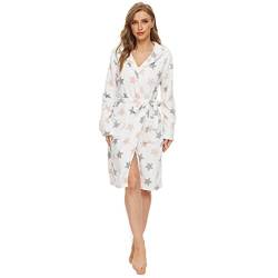 Mnemo Bademantel Damen Kimono Frauen Langarm Bademantel Kapuze Damen Morgenmantel Damen Flauschig Damen Saunamantel mit Kapuze und Taschen (Weißes Sternenmuster, L) von Mnemo