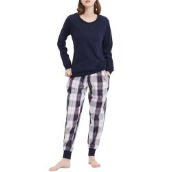 Mnemo Damen Dünner Einfarbiger und Kariertes Schlafanzug 100% Baumwolle Langarm Lange Hose Damen Pyjama Blau-Weißes Karomuster L von Mnemo