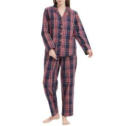 Mnemo Damen Dünner Karierter Schlafanzug 100% Baumwolle Langarm Lange Hose Damen Pyjama Blau-Pinkes Karomuster Blau-Pinkes Karomuster M von Mnemo