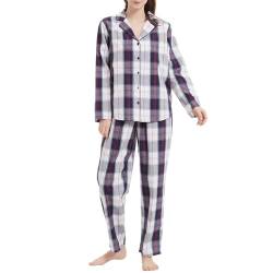 Mnemo Damen Dünner Karierter Schlafanzug 100% Baumwolle Langarm Lange Hose Damen Pyjama Blau-Weißes Karomuster M von Mnemo