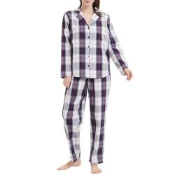 Mnemo Damen Dünner Karierter Schlafanzug 100% Baumwolle Langarm Lange Hose Damen Pyjama Blau-Weißes Karomuster S von Mnemo