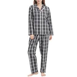 Mnemo Damen Dünner Karierter Schlafanzug 100% Baumwolle Langarm Lange Hose Damen Pyjama Schwarz-Weiß-Graues Karomuster XL von Mnemo