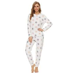 Mnemo Damen Schlafanzüge Flauschig, Nachtwäsche Zweiteiliger, Pyjama Set,Star-Muster,L von Mnemo