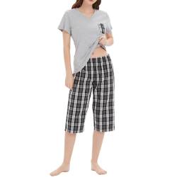 Mnemo Damen Schlafanzug 100% Baumwolle V-Ausschnitt Kurzarm Caprihose mit Karomuster und Kontrasttasche Damen Pyjama Grau mit Schwarz-Weißem Karomuster XL von Mnemo