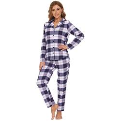 Mnemo Home Damen Schlafanzug Lang Flanell Pyjama Damen 100% Baumwolle aus Flanell (Blau & Weiß, S) von Mnemo