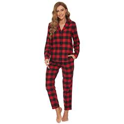 Mnemo Home Damen Schlafanzug Lang Flanell Pyjama Damen 100% Baumwolle aus Flanell (Rotes und Schwarzes Gitter, L) von Mnemo