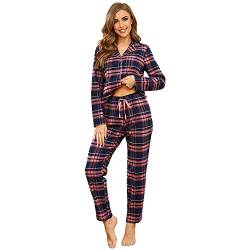 Mnemo Home Damen Schlafanzug Lang Flanell Pyjama Damen 100% Baumwolle aus Flanell Blaues Pulver mit Golddraht, 2XL von Mnemo