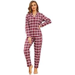 Mnemo Home Damen Schlafanzug Winter Frühling Pyjama Set Dunkelgrau/Rot Schlafoverall 100% Baumwolle aus Flanell,Rot,L von Mnemo