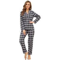 Mnemo Home Damen Schlafanzug Winter Frühling Pyjama Set Dunkelgrau/Rot Schlafoverall 100% Baumwolle aus Flanell,Schwarz,L von Mnemo