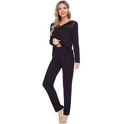 Mnemo Lace Schlafanzug für Damen Sexy Frauen Pyjama Set mit Hohler Spitze Weichem Lang Nachtwäsche mit V-Ausschnitt Schwarz 2XL von Mnemo