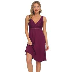 Mnemo Nachthemd Damen Sexy Nachthemd Damen Kurzarm Negligee Damen mit V-Ausschnitt Spitzen Pyjama für Damen (Bordeauxrot,M) von Mnemo