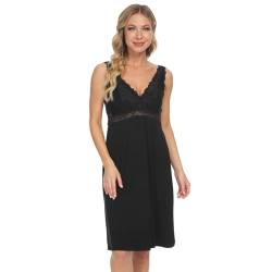 Mnemo Nachthemd Damen Sexy Nachthemd Damen Kurzarm Negligee Damen mit V-Ausschnitt Spitzen Pyjama für Damen (Schwarz,L) von Mnemo