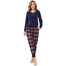 Mnemo Schlafanzug Damen 100% Baumwolle Bequemer Pyjama Damen Baumwolle mit Karomuster (Blaues Pulver mit Golddraht, L) von Mnemo