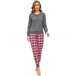 Mnemo Schlafanzug Damen 100% Baumwolle Bequemer Pyjama Damen Baumwolle mit Karomuster (Grau & Rot, M) von Mnemo