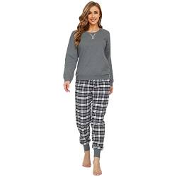 Mnemo Schlafanzug Damen 100% Baumwolle Bequemer Pyjama Damen Baumwolle mit Karomuster (Grau & Schwarz, M) von Mnemo