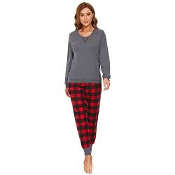 Mnemo Schlafanzug Damen 100% Baumwolle Bequemer Pyjama Damen Baumwolle mit Karomuster (Rotes und Schwarzes Gitter, S) von Mnemo