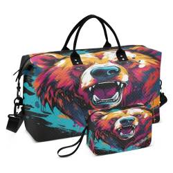 Bear Head Reisetasche mit Kulturbeutel und verstellbarem Riemen für Reisen, Fitnessstudio, Yoga, Wochenende, mehrfarbig, Einheitsgröße, Kulturbeutel von Mnsruu