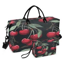 Cherry Fruit Reisetasche mit Kulturbeutel und verstellbarem Gurt, für Reisen, Fitnessstudio, Yoga, Wochenende, Schwarz, mehrfarbig, Einheitsgröße, Kulturbeutel von Mnsruu