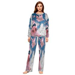 Mnsruu Blue Sky Schlafanzug-Set für Damen, Flanell, niedliches Schweinchen, 2-teilig, langärmelig, Nachtwäsche, Lounge-Set, mehrfarbig, 36 von Mnsruu